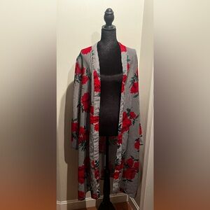 Red Floral Striped Kimono